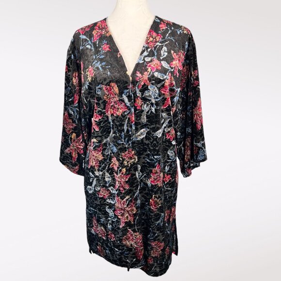Monteau Crushed Velvet Burnout Floral Open Front Kimono Jacket Black Pink Blue S - Picture 1 of 10